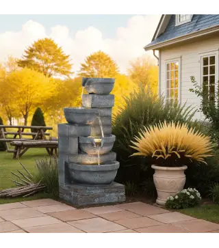 Fuente de Jardín con Iluminación LED Fuente Decorativa en Cascada de 4 Niveles 38x35x78,5 cm Gris