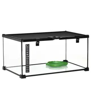 Terrario para Reptiles de Vidrio con Termómetro Cuenco de Agua para Lagartos Serpientes Arañas 50x30x25 cm Negro