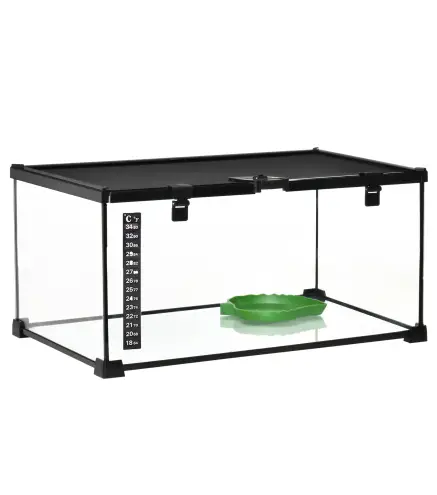 Terrario para Reptiles de Vidrio con Termómetro Cuenco de Agua para Lagartos Serpientes Arañas 50x30x25 cm Negro