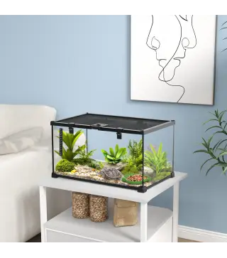 Terrario para Reptiles de Vidrio con Termómetro Cuenco de Agua para Lagartos Serpientes Arañas 50x30x25 cm Negro
