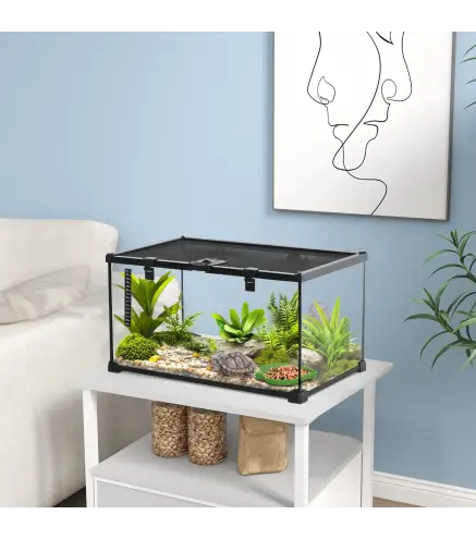 Terrario para Reptiles de Vidrio con Termómetro Cuenco de Agua para Lagartos Serpientes Arañas 50x30x25 cm Negro