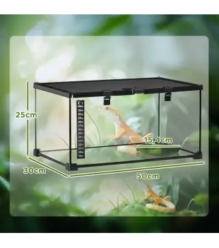Terrario para Reptiles de Vidrio con Termómetro Cuenco de Agua para Lagartos Serpientes Arañas 50x30x25 cm Negro