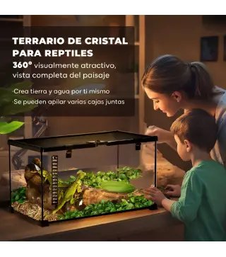 Terrario para Reptiles de Vidrio con Termómetro Cuenco de Agua para Lagartos Serpientes Arañas 50x30x25 cm Negro