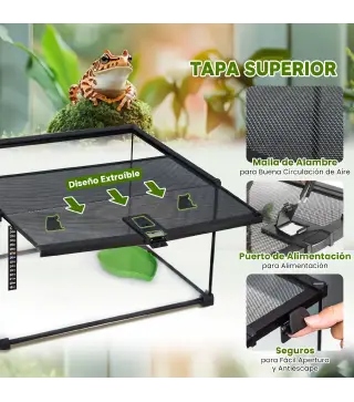 Terrario para Reptiles de Vidrio con Termómetro Cuenco de Agua para Lagartos Serpientes Arañas 50x30x25 cm Negro