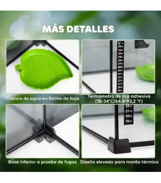 Terrario para Reptiles de Vidrio con Termómetro Cuenco de Agua para Lagartos Serpientes Arañas 50x30x25 cm Negro