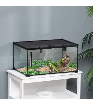 Terrario para Reptiles de Vidrio con Termómetro Cuenco de Agua para Lagartos Serpientes Arañas 50x30x25 cm Negro