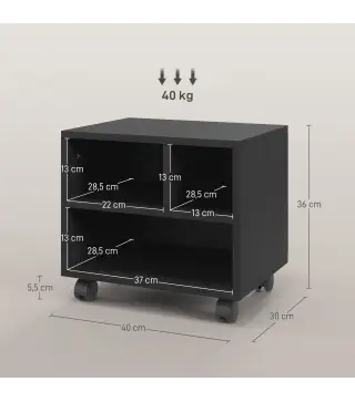 Soporte de Impresora con Ruedas Compartimentos Abiertos para Oficina Estudio 40x30x36 cm Negro