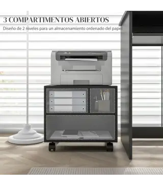 Soporte de Impresora con Ruedas Compartimentos Abiertos para Oficina Estudio 40x30x36 cm Negro