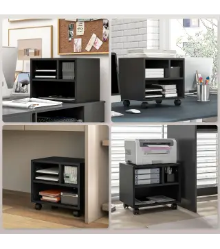 Soporte de Impresora con Ruedas Compartimentos Abiertos para Oficina Estudio 40x30x36 cm Negro