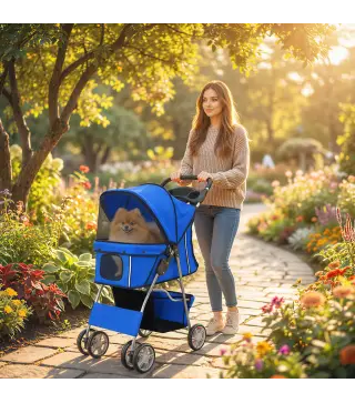 Carrito para Perros Pequeños con Cesta de Almacenaje Portavasos Ruedas y Cojín Lavable 77x44x102 cm Azul