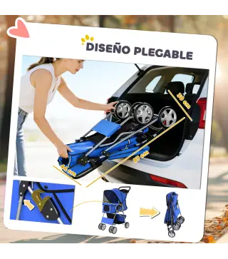 Carrito para Perros Pequeños con Cesta de Almacenaje Portavasos Ruedas y Cojín Lavable 77x44x102 cm Azul
