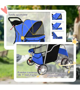 Carrito para Perros Pequeños con Cesta de Almacenaje Portavasos Ruedas y Cojín Lavable 77x44x102 cm Azul