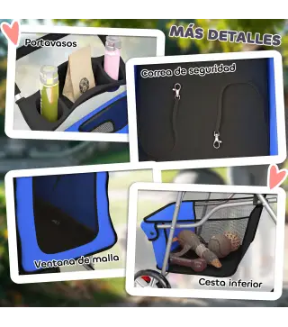 Carrito para Perros Pequeños con Cesta de Almacenaje Portavasos Ruedas y Cojín Lavable 77x44x102 cm Azul