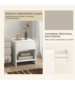 Juego de 2 Mesitas de Noche Nórdicas con Esquinas Redondeadas Cajón y Estante Abierto 40x35x45 cm Blanco