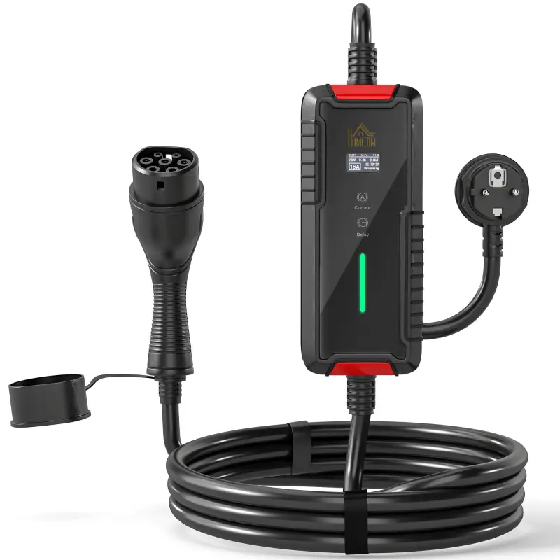 Cable de Carga Coche Eléctrico Tipo 2 3,7kW 5m 6-16A Temporizador 1-12h Enchufe Schuko Pantalla LCD IP65 de Pared Bolsa