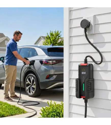 Cargador Coche Eléctrico Tipo 2 3,5kW 5m 6-16A Temporizador 1-12h Enchufe Schuko Pantalla LCD IP65 de Pared Bolsa Negro