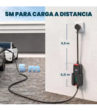 Cargador Coche Eléctrico Tipo 2 3,5kW 5m 6-16A Temporizador 1-12h Enchufe Schuko Pantalla LCD IP65 de Pared Bolsa Negro