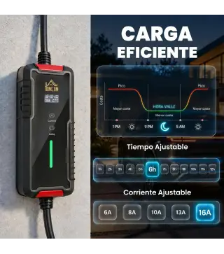 Cargador Coche Eléctrico Tipo 2 3,5kW 5m 6-16A Temporizador 1-12h Enchufe Schuko Pantalla LCD IP65 de Pared Bolsa Negro