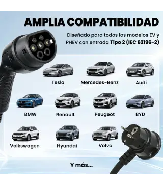Cargador Coche Eléctrico Tipo 2 3,5kW 5m 6-16A Temporizador 1-12h Enchufe Schuko Pantalla LCD IP65 de Pared Bolsa Negro