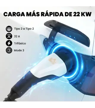 Cargador para Coche Eléctrico Tipo 2 2,2kW 32A Modo 3 Trifásico 5m IP65 con Bolsa y Paño de Limpieza para EV y PHEV Negro