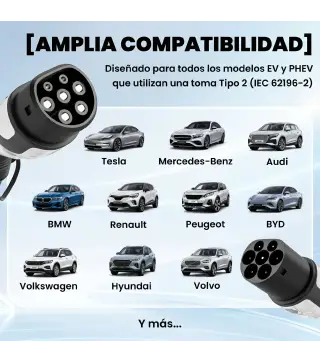 Cargador para Coche Eléctrico Tipo 2 2,2kW 32A Modo 3 Trifásico 5m IP65 con Bolsa y Paño de Limpieza para EV y PHEV Negro
