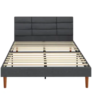 Cama Tapizada 140x200 cm con Cabecero Acolchado de Rejilla Almacenaje Inferior Láminas de Madera Gris