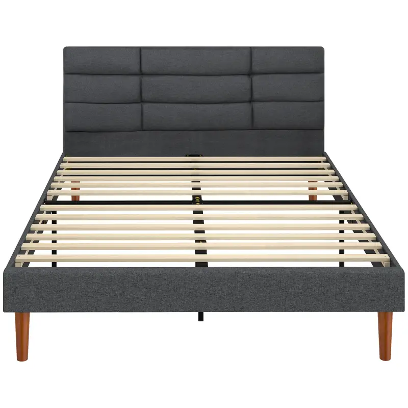 Cama Tapizada 140x200 cm con Cabecero Acolchado de Rejilla Almacenaje Inferior Láminas de Madera Gris Cama Tapizada 140x200 cm con Cabecero Acolchado de Rejilla Almacenaje Inferior Láminas de Madera Gris
