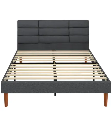 Cama Tapizada 140x200 cm con Cabecero Acolchado de Rejilla Almacenaje Inferior Láminas de Madera Gris