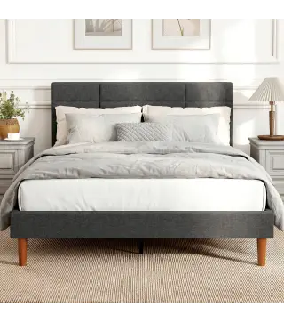 Cama Tapizada 140x200 cm con Cabecero Acolchado de Rejilla Almacenaje Inferior Láminas de Madera Gris