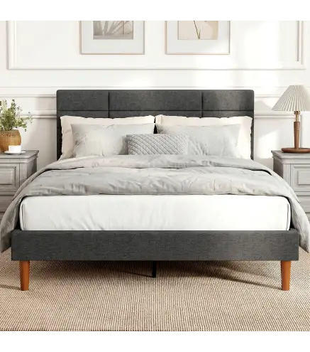 Cama Tapizada 140x200 cm con Cabecero Acolchado de Rejilla Almacenaje Inferior Láminas de Madera Gris