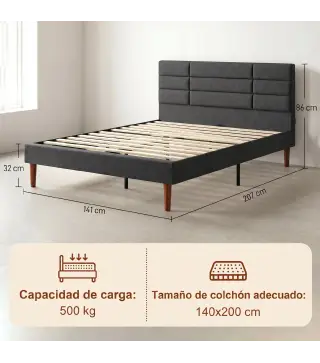 Cama Tapizada 140x200 cm con Cabecero Acolchado de Rejilla Almacenaje Inferior Láminas de Madera Gris