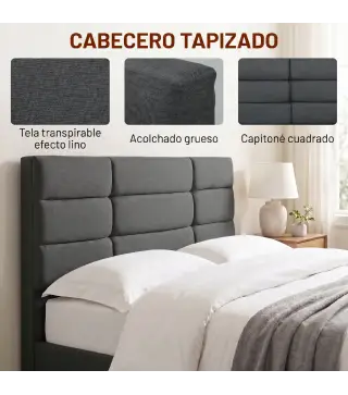 Cama Tapizada 140x200 cm con Cabecero Acolchado de Rejilla Almacenaje Inferior Láminas de Madera Gris