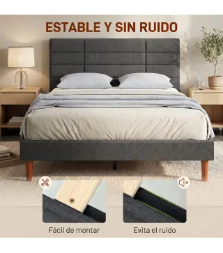 Cama Tapizada 140x200 cm con Cabecero Acolchado de Rejilla Almacenaje Inferior Láminas de Madera Gris