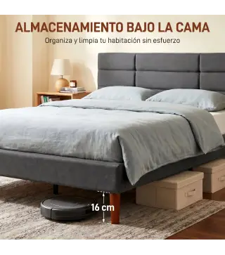 Cama Tapizada 140x200 cm con Cabecero Acolchado de Rejilla Almacenaje Inferior Láminas de Madera Gris
