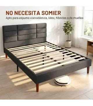 Cama Tapizada 140x200 cm con Cabecero Acolchado de Rejilla Almacenaje Inferior Láminas de Madera Gris