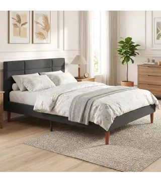 Cama Tapizada 140x200 cm con Cabecero Acolchado de Rejilla Almacenaje Inferior Láminas de Madera Gris