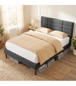 Cama Tapizada 140x200 cm con Cabecero Acolchado de Rejilla Almacenaje Inferior Láminas de Madera Gris
