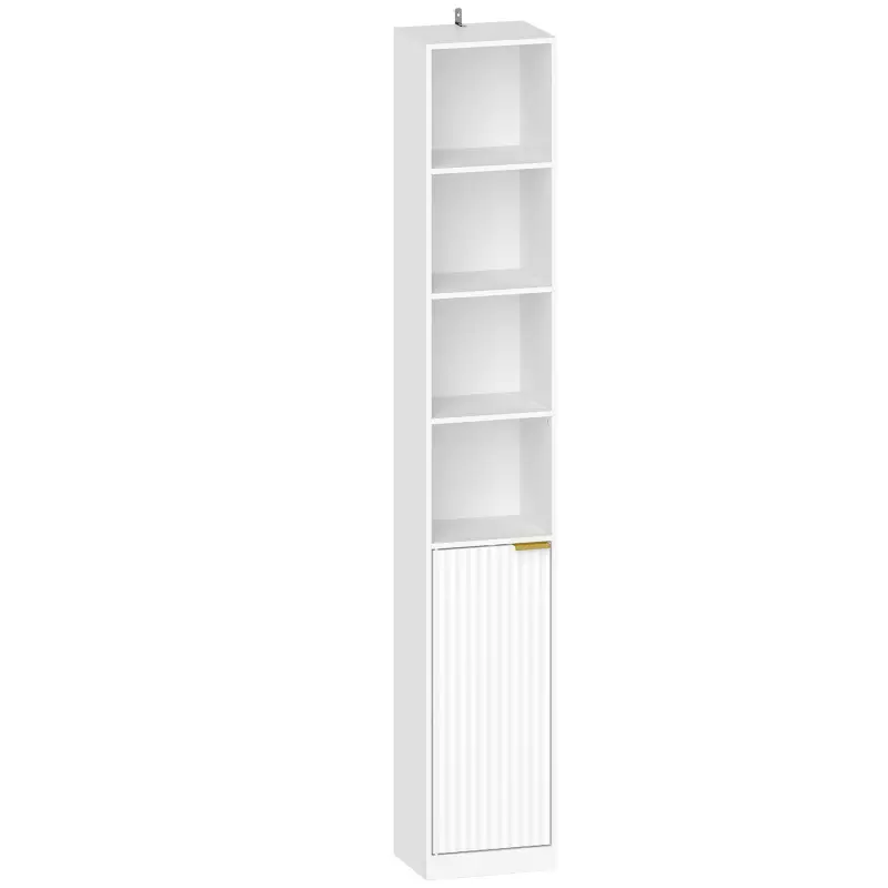 Estantería para Libros de 6 Niveles Librería Alta y Estrecha con 4 Estantes Abiertos Puerta y Estante Ajustable Blanco
