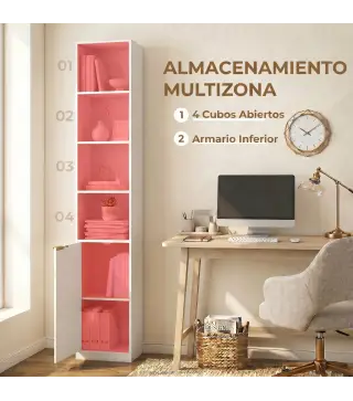 Estantería para Libros de 6 Niveles Librería Alta y Estrecha con 4 Estantes Abiertos Puerta y Estante Ajustable Blanco