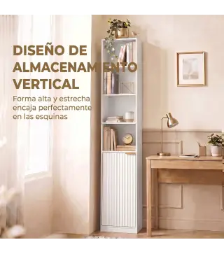 Estantería para Libros de 6 Niveles Librería Alta y Estrecha con 4 Estantes Abiertos Puerta y Estante Ajustable Blanco