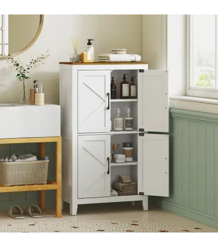 Armario de Baño Estrecho con Puertas Tipo Granero 4 Estantes y Estantes Ajustables 60x30x110 cm Blanco