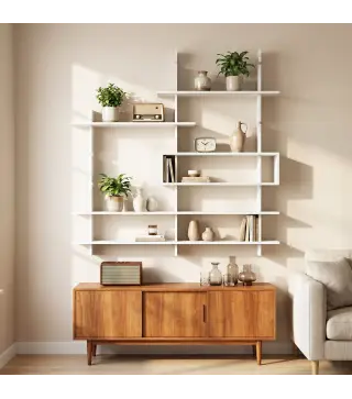 Estantería Flotante de Pared Geométrica con 4 Niveles y Compartimento Central Blanca