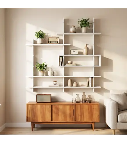 Estantería Flotante de Pared Geométrica con 4 Niveles y Compartimento Central Blanca