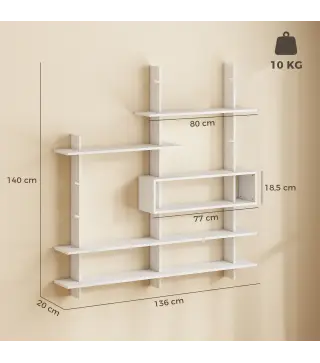 Estantería Flotante de Pared Geométrica con 4 Niveles y Compartimento Central Blanca