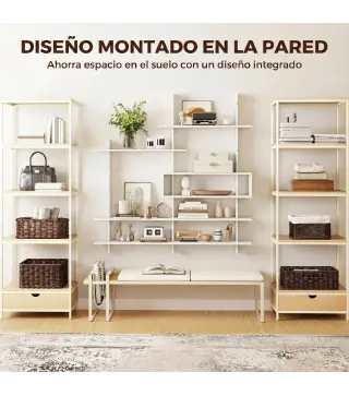 Estantería Flotante de Pared Geométrica con 4 Niveles y Compartimento Central Blanca