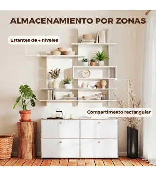 Estantería Flotante de Pared Geométrica con 4 Niveles y Compartimento Central Blanca
