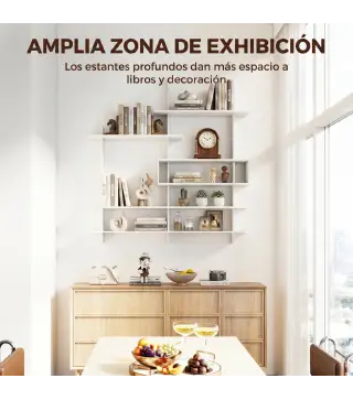 Estantería Flotante de Pared Geométrica con 4 Niveles y Compartimento Central Blanca