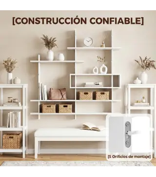 Estantería Flotante de Pared Geométrica con 4 Niveles y Compartimento Central Blanca
