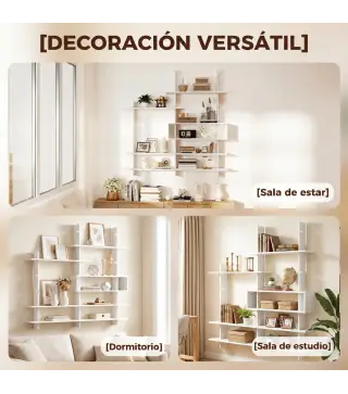 Estantería Flotante de Pared Geométrica con 4 Niveles y Compartimento Central Blanca