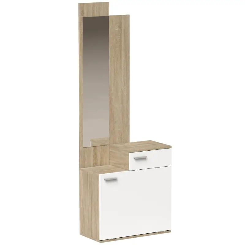 Recibidor de Entrada con Espejo Zapatero Abatible Asiento Cajón Mesa Pequeña 61x30x170 cm Blanco
